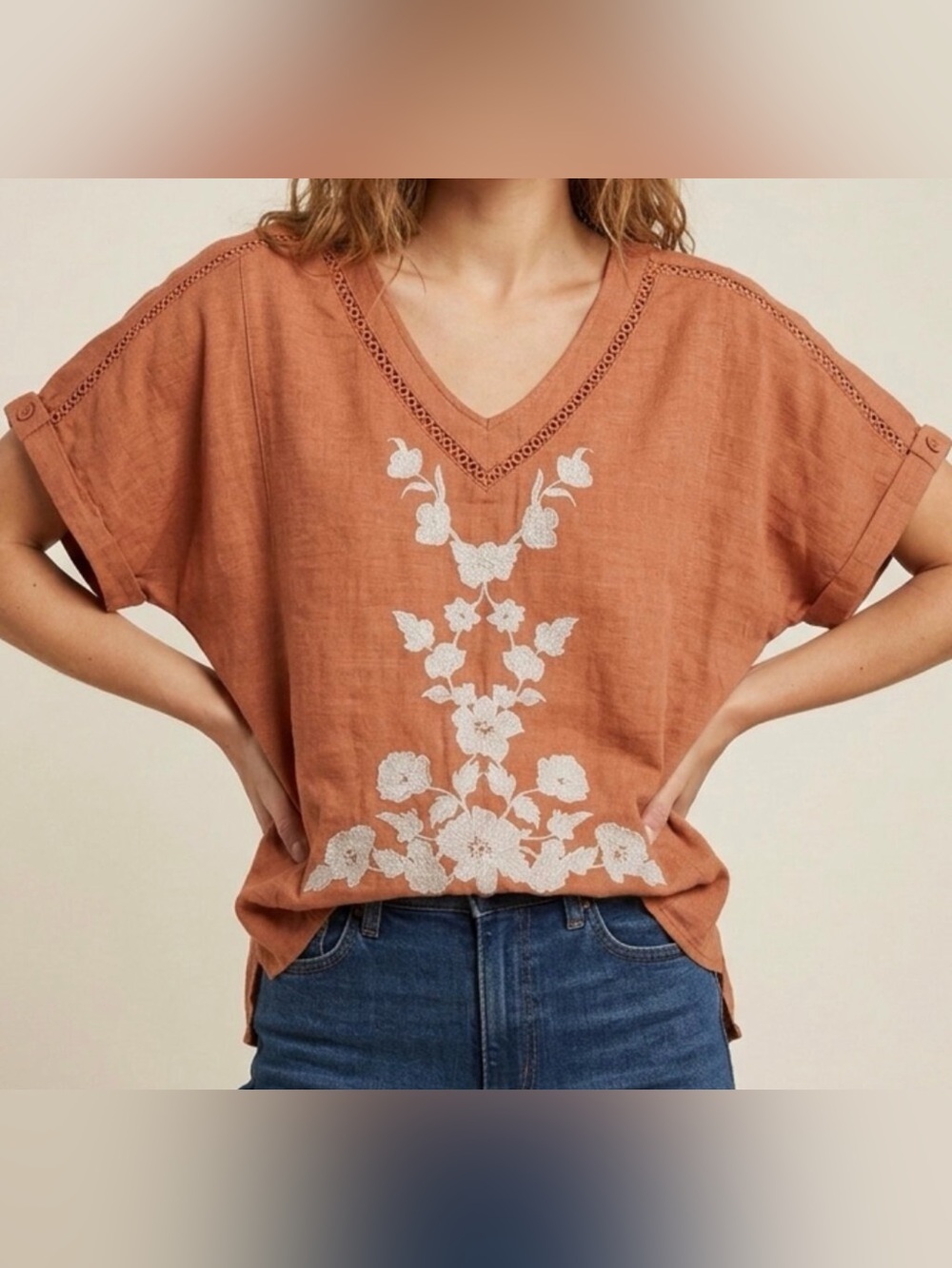 By Together Embroidered Floral Boho Linen/Cotton Blouse size Large